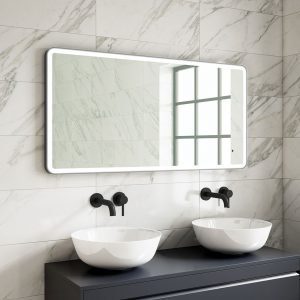 Supplied bathroom his & hers sinks. Below black bathroom taps and large LED bathroom mirror