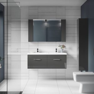 Modern looking bathroom. Floating vanity unit with double sinks. Toilet in foreground of bathroom installation picture