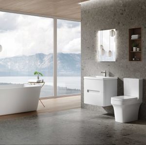 Modern bathroom design. Full bathroom set with view out onto a large lake.